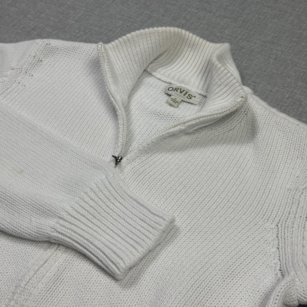 Orvis Full Zip Sweater Womens Medium White Mock Neck Cotton Rib Knit Zip Pocket
